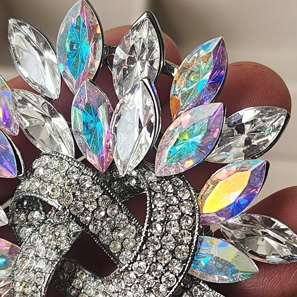 Large Statement Silver Iridescent Crystal Stones Brooch Pin